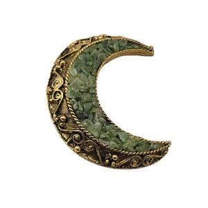 Vintage Crescent Moon Brooch Green Stone Chips Gold Tone